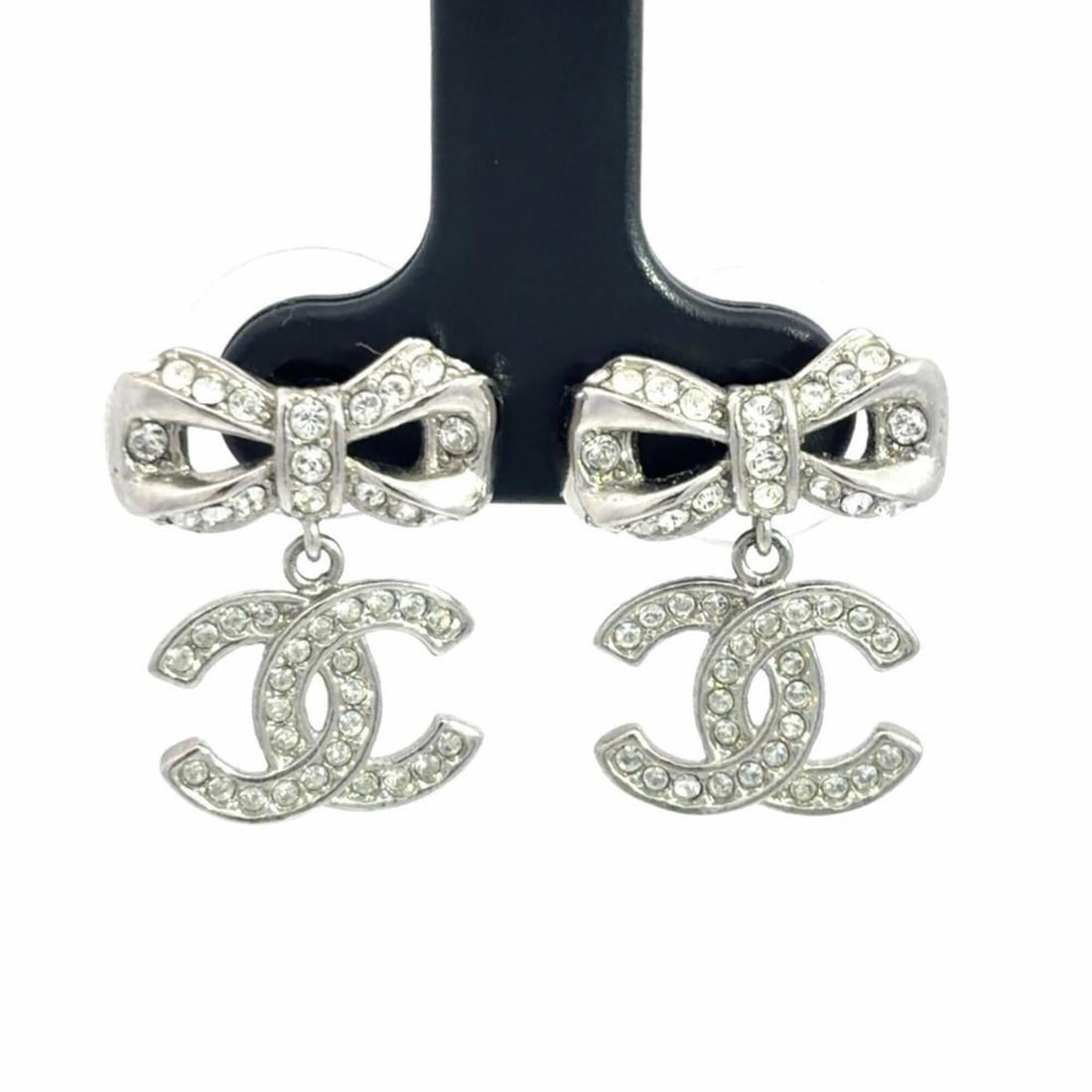 Chanel Coco Mark Ribbon Earrings, Metal, Silver, B18P, Women's (1 of 11)