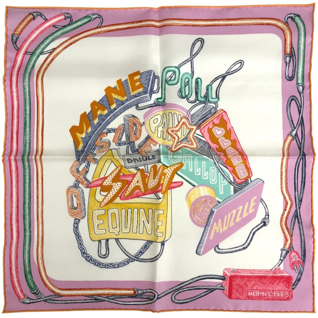 Hermes Petit Carré Chevaloscope Neon Gavroche Scarf, Silk, Pink Multicolor, Women's: --- Catalog ---Category: SizeSize (LxW): 42cm x 42cm / 16.53'' x 16.53''Category: DesignType: ScarfColor: Multi-color, PinkGender: WomenMaterial: Silk 100%Category: GeneralBrand: Hermes--- Item List -