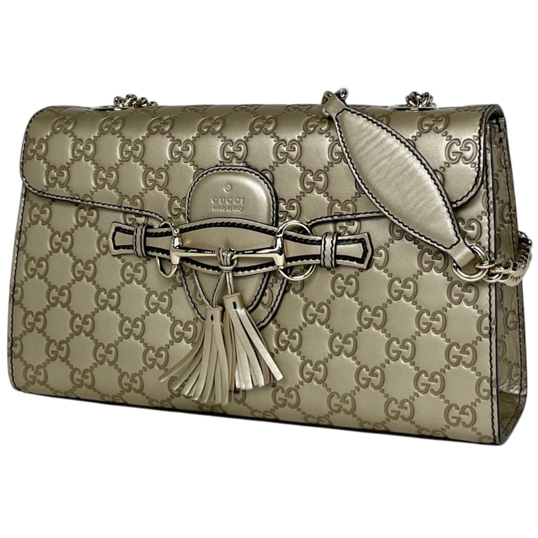 Gucci GUCCI Guccissima Emily Chain Shoulder Bag Horsebit Tassel Shima Leather Gold 295402 Women's: --- Catalog ---Category: SizeSize (HxWxD): 18cm x 30cm x 8cm / 7.08'' x 11.81'' x 3.14''Category: DesignType: Shoulder bagColor: GoldGender: WomenMaterial: Leather Category: GeneralMPN: 295402Brand: G