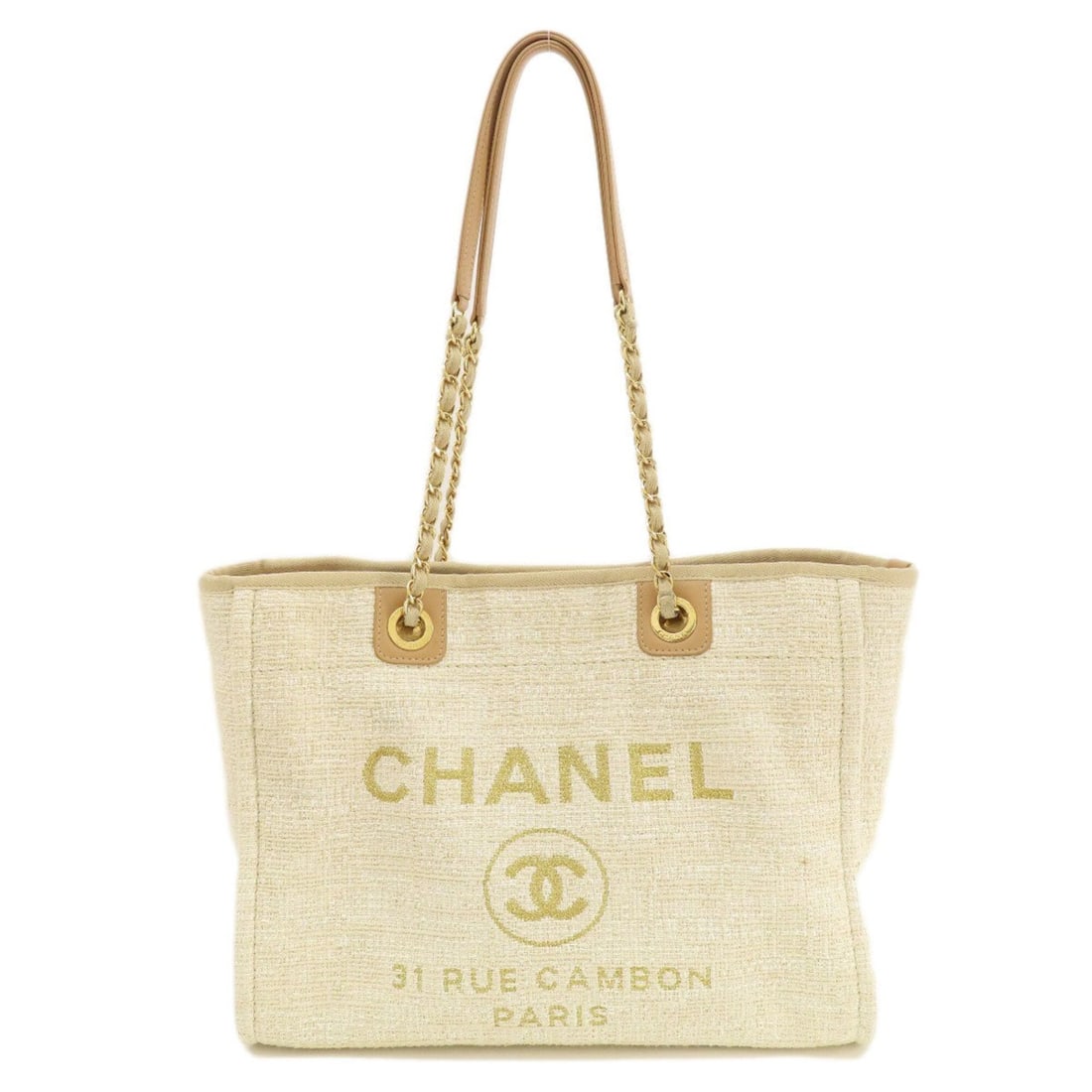 Chanel Deauville MM Gold Hardware Tote Bag Tweed Women's CHANEL: --- Catalog ---Category: SizeSize (HxWxD): 29cm x 34cm x 15cm / 11.41'' x 13.38'' x 5.9''Category: DesignType: Tote bagColor: Gold, Ivory, WhiteGender: WomenMaterial: Tweed Category: GeneralBrand: Cha