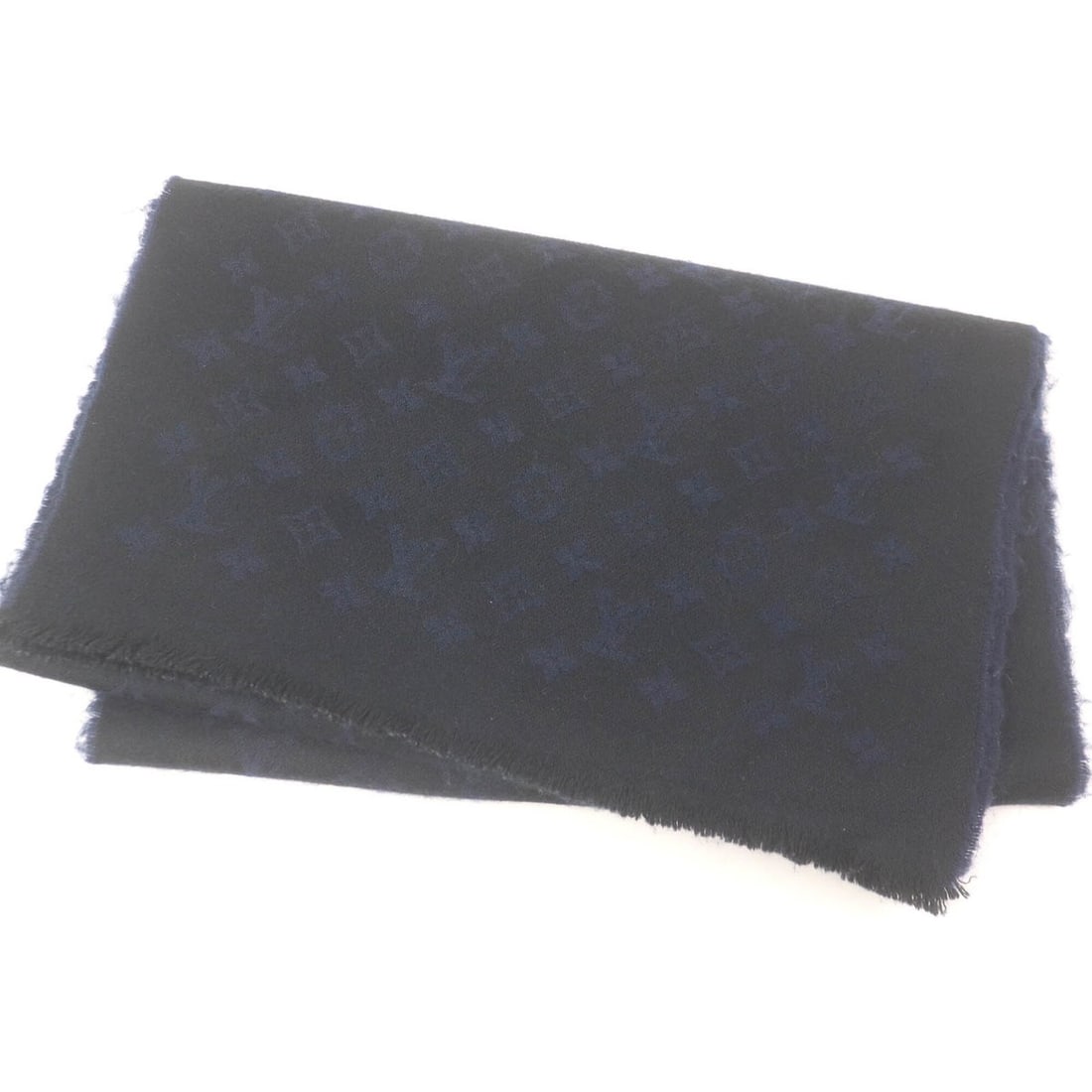 LOUIS VUITTON M71615 100% Cashmere Monogram Pattern Fringe Stole/Scarf, Black/Navy, Made in Italy, (1 of 10)