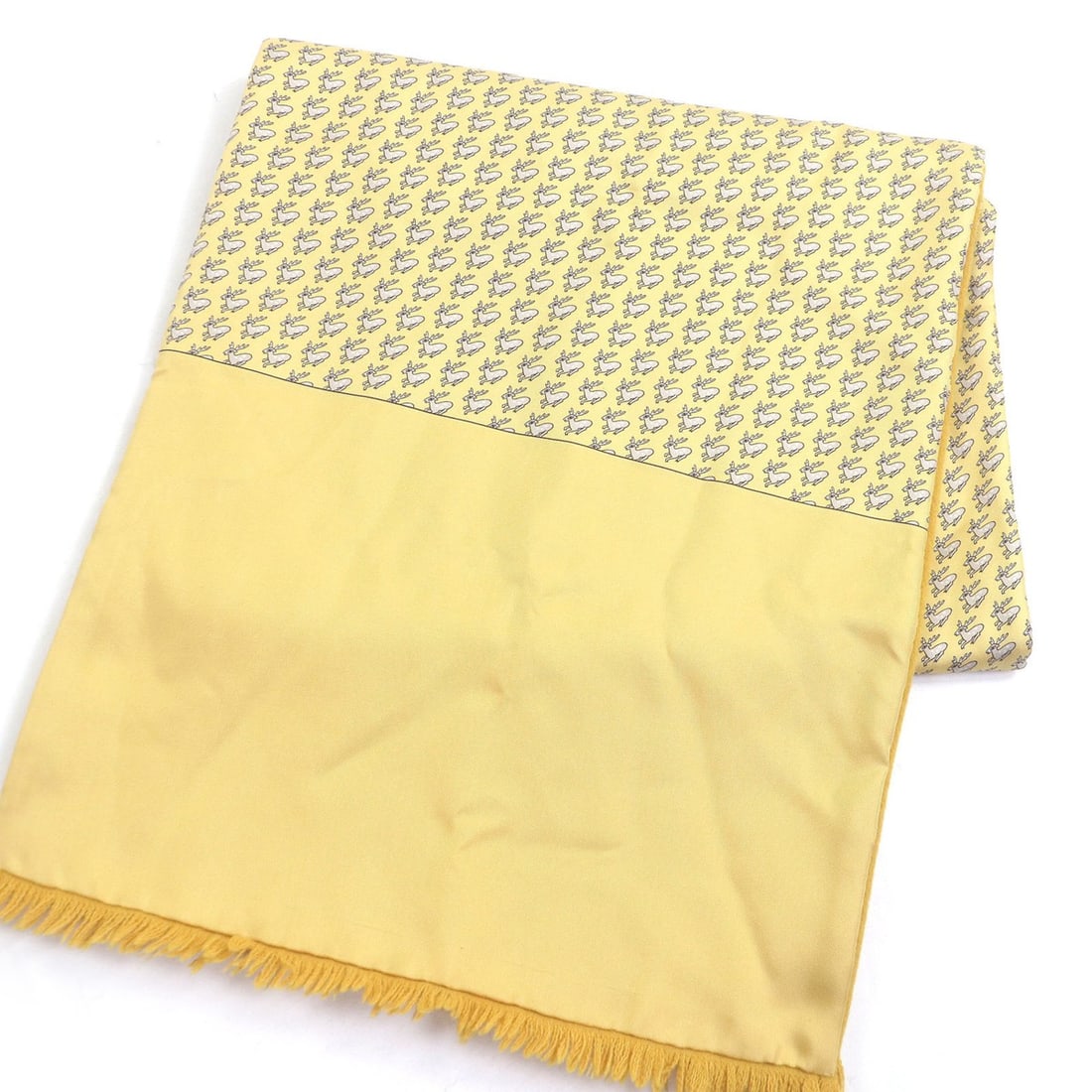 HERMES Silk Angora Deer Print Fringe Shawl Scarf Stole, Yellow, Made in France, Men's & Women's.: --- Catalog ---Category: SizeSize (LxW): 1.46m x 35cm / 57.48'' x 13.77''Category: DesignType: ShawlColor: YellowGender: Men,WomenMaterial: Silk , Angora Category: GeneralBrand: HermesCountry of Origi