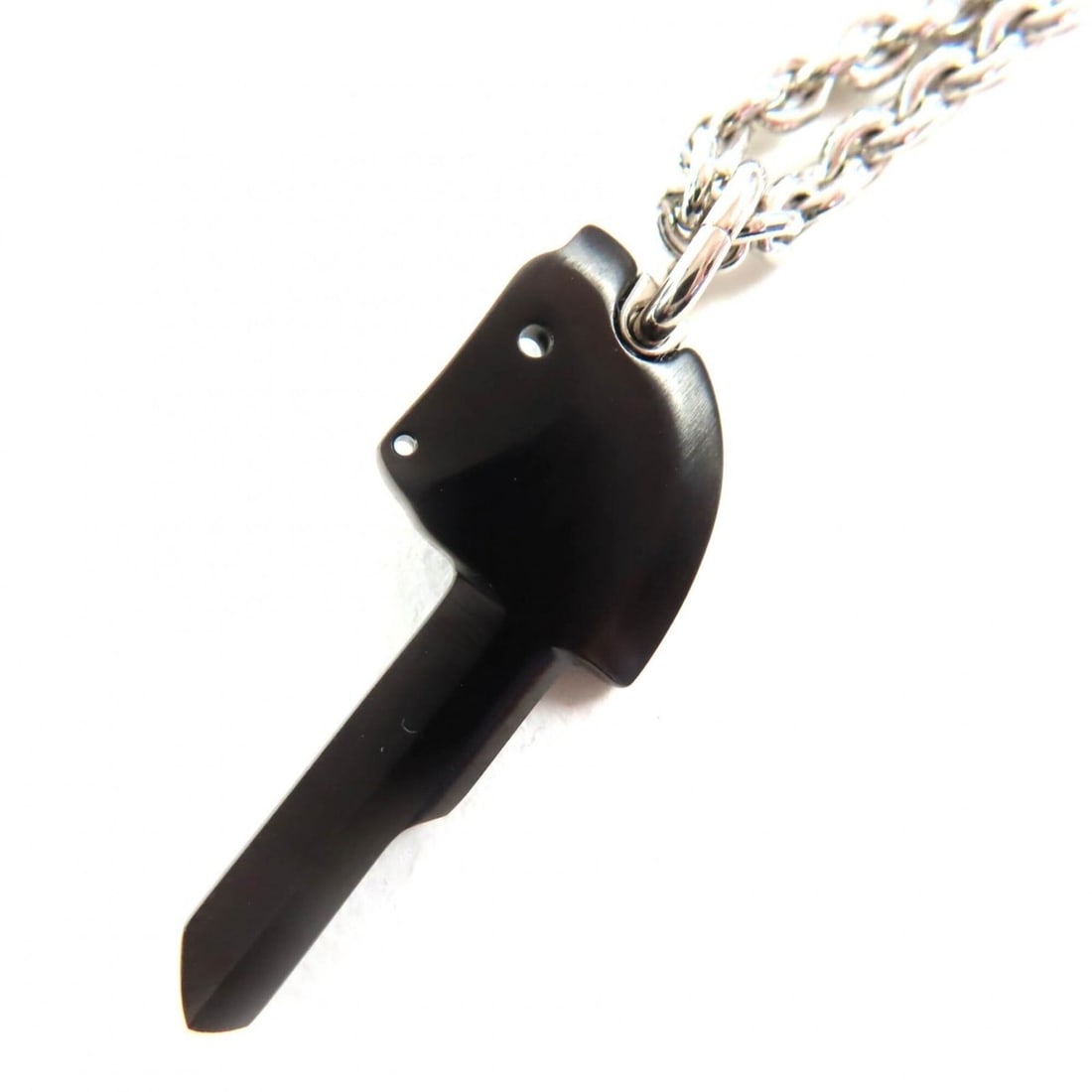 HERMES Clé Cheval Necklace, Metal Pendant Silver & Black, with Box Dust Bag, Made in France, Men's: --- Catalog ---Category: SizePendant Size: 3.3mm x 1.3mm / 0.12'' x 0.05''Neck Circumference: 54 cm / 21.25''Category: DesignColor: Black, SilverGender: MenMaterial: MetalNecklace Type: Pendant neckla