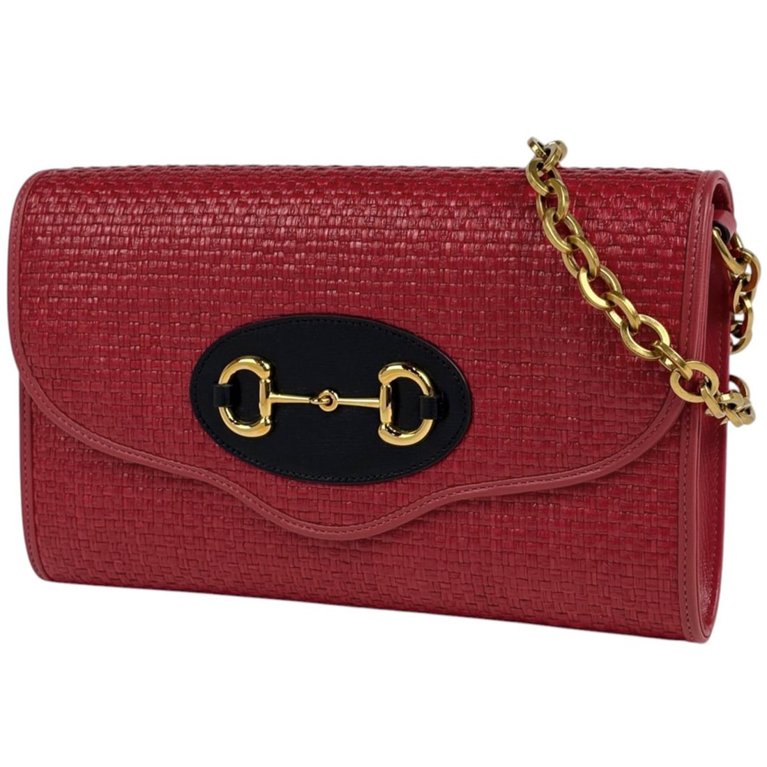 Gucci Horsebit Chain Shoulder Bag, 2-Way Clutch Bag/Shoulder Straw, Red, 655667, Women's (1 of 11)