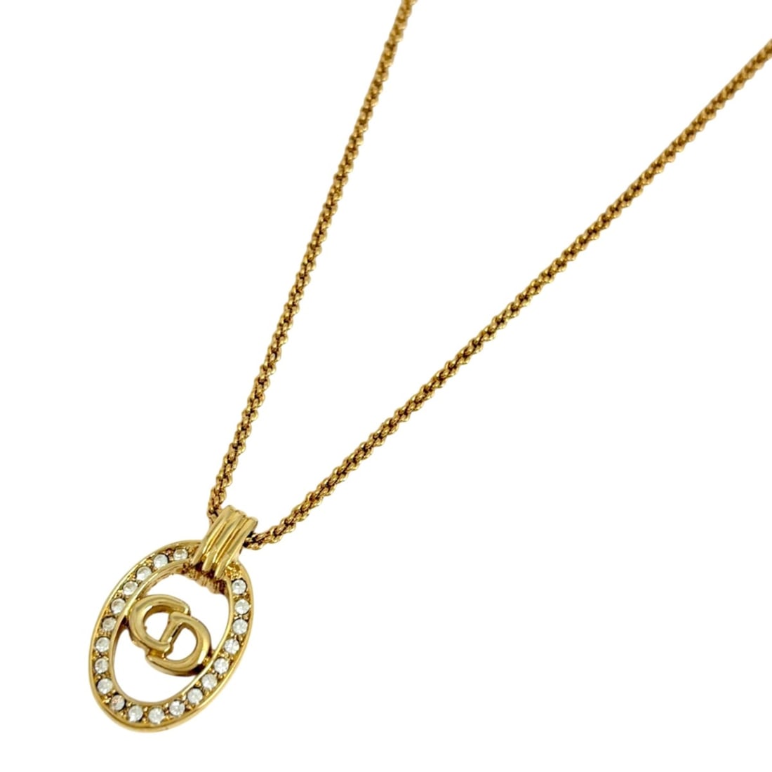Christian Dior Logo Rhinestone Necklace CD Oval GP Gold Women's (1 of 11)