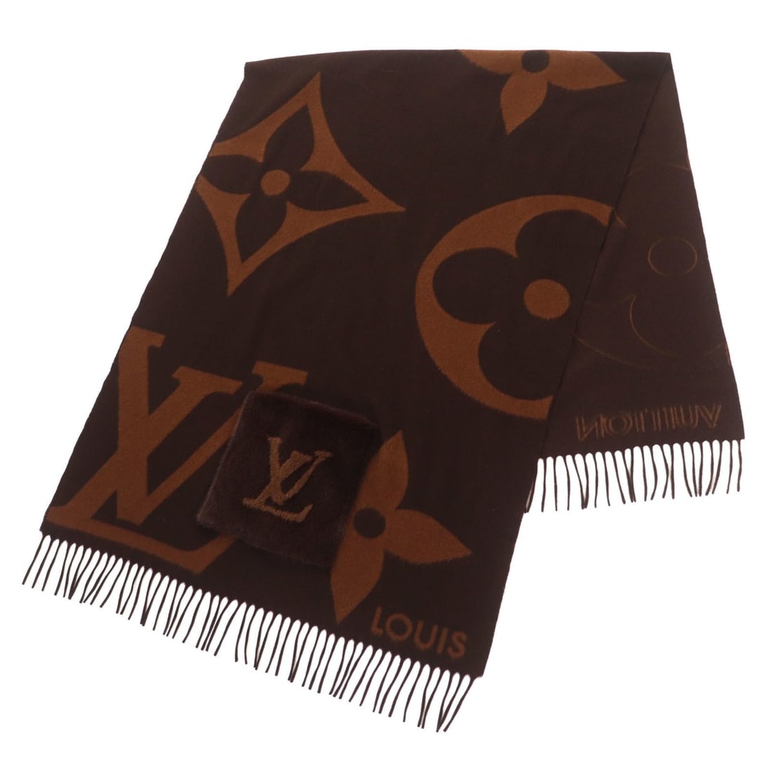 LOUIS VUITTON M77387 The Ultimate Fur Cashmere Wool Monogram Giant Scarf, Brown, Made in Italy, (1 of 12)
