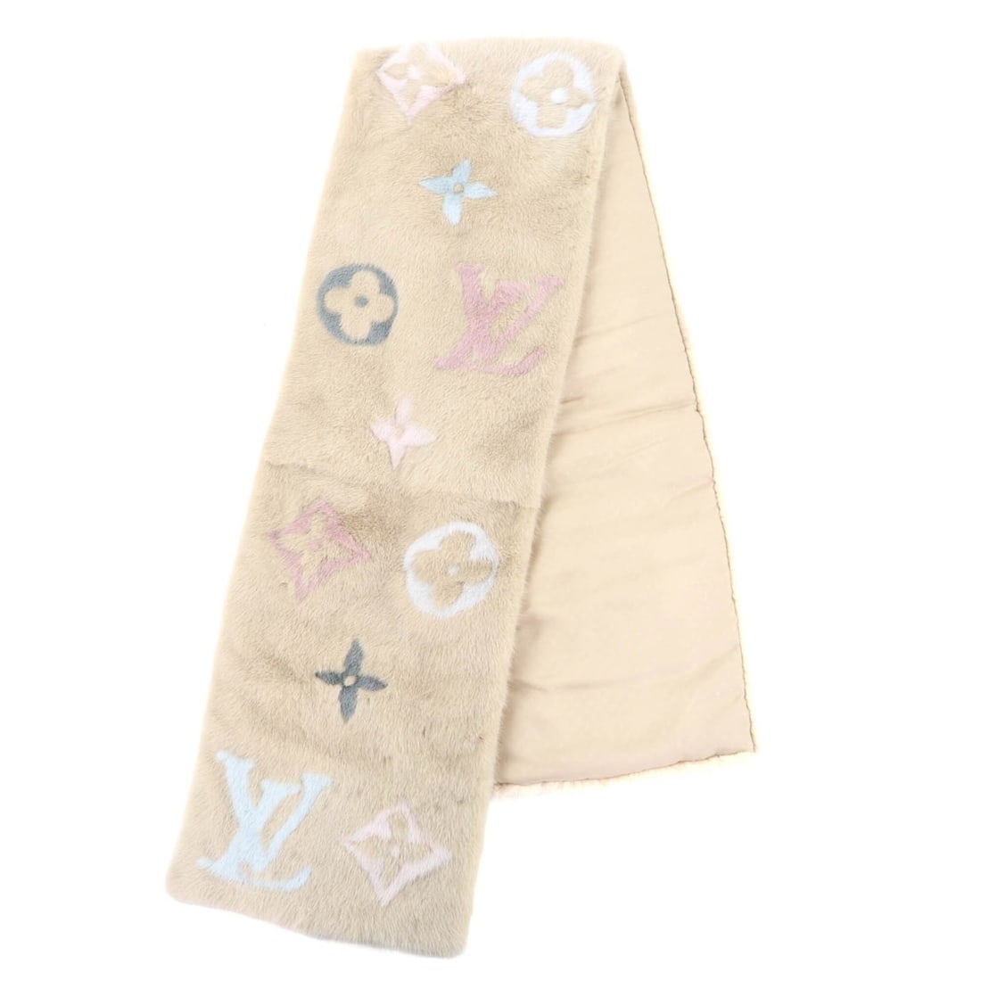 LOUIS VUITTON M73020 Echarpe Minkgram Monogram Scarf, 100% Silk Lining, Beige Multi, Made in Italy,: --- Catalog ---Category: SizeSize (LxW): 1.76m x 29cm / 69.29'' x 11.41''Category: DesignType: StoleColor: Beige, Multi-colorGender: WomenPattern: AbstractMaterial: Silk , Fur Leather/Fur Type: Mink f