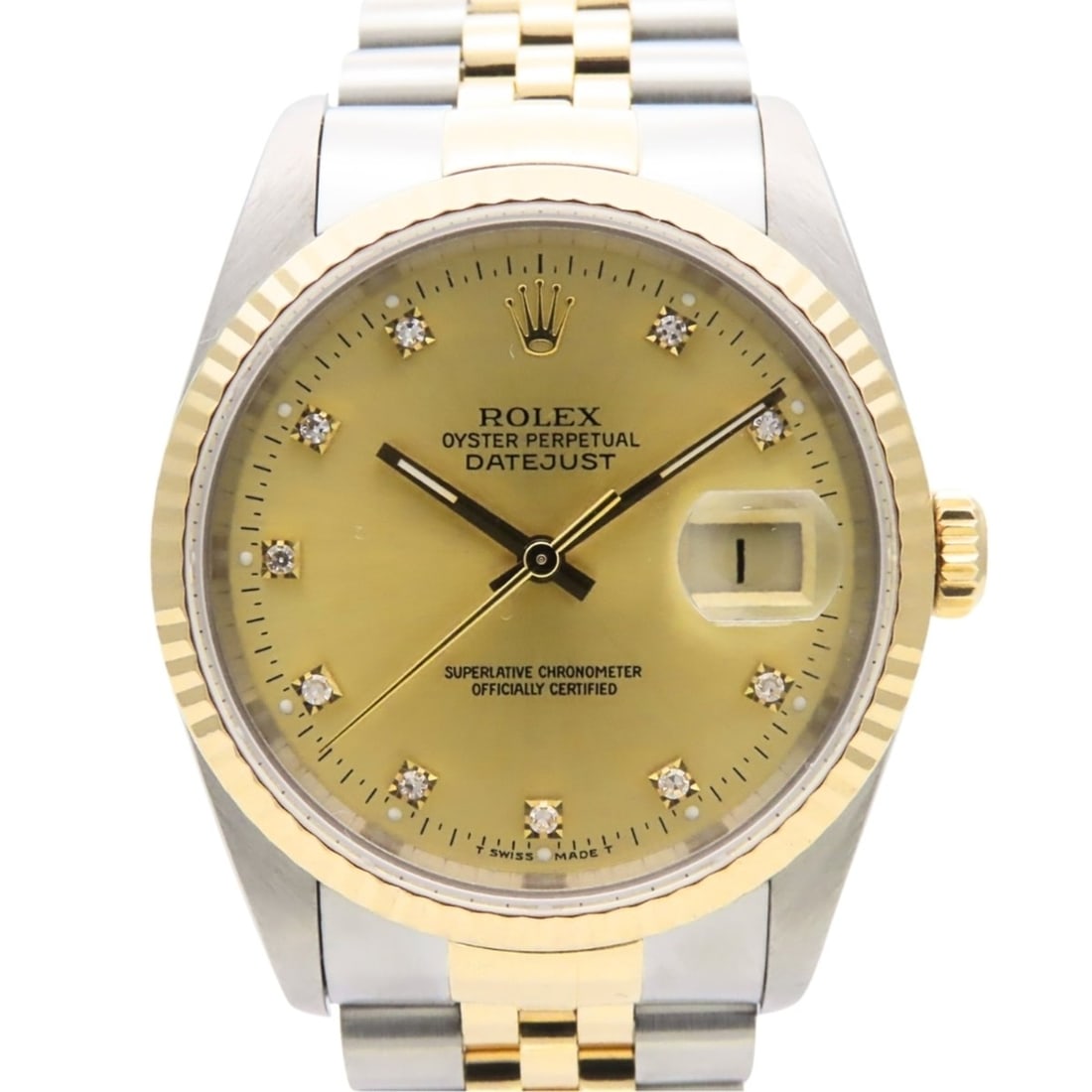 Rolex Datejust 16233G Stainless Steel 18K Yellow Gold Old Diamond 10PD E-serial Men's Watch ROLEX: --- Catalog ---Category: SizeWeight: 97.8g / 3.44oz.Wrist Size: 16.5cm / 6.49''Case Diameter: 36mm / 1.42''Category: DesignType: WristwatchColor: Champagne goldGender: MenDisplay: AnalogGemstone: Diam