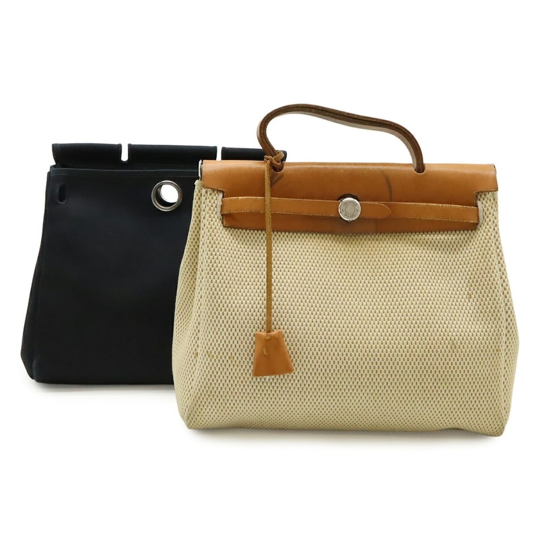 HERMES Herbag PM handbag, Toile Officier, GM leather, black/beige, ?F stamp, shoulder strap (1 of 10)