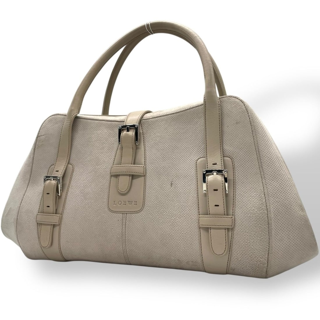 Loewe handbag/tote bag, cotton/leather, black, pink, beige, silver hardware, women's, D: --- Catalog ---Category: SizeSize (HxWxD): 22cm x 45cm x 13cm / 8.66'' x 17.71'' x 5.11''Category: DesignType: Handbag, Tote bagColor: Beige, Black, PinkGender: WomenMaterial: Cotton , Leather Categor