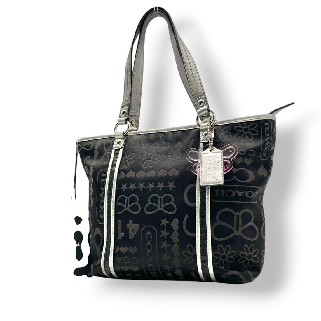Coach tote bag, one-shoulder style, signature canvas and leather, black gray, women's (s86): --- Catalog ---Category: SizeSize (HxWxD): 35cm x 24cm x 9cm / 13.77'' x 9.44'' x 3.54''Category: DesignType: Tote bagColor: Black, GrayGender: WomenMaterial: Canvas , Leather Category: GeneralMPN: F1