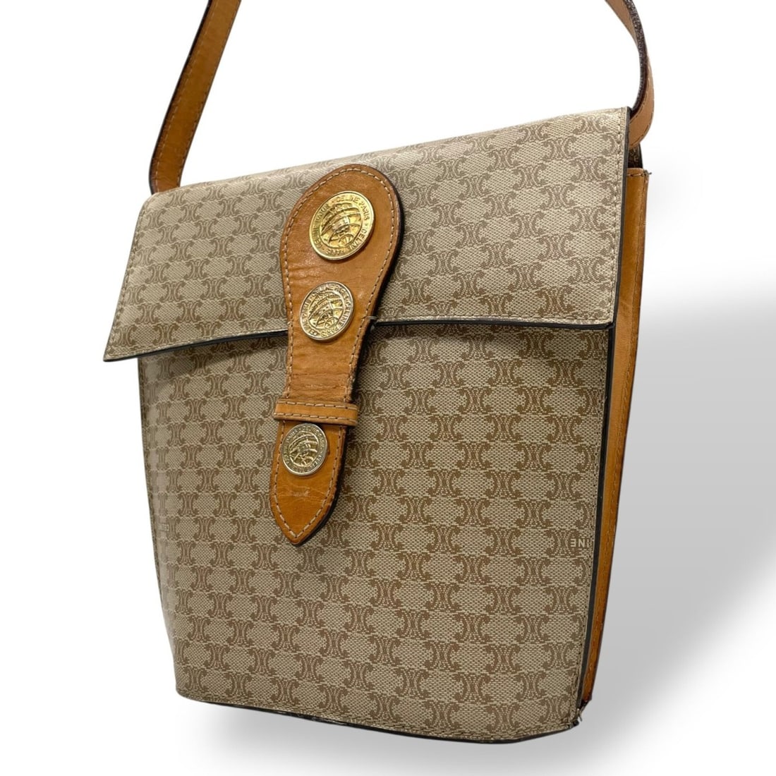 CELINE Celine Shoulder Bag, Macadam Pattern, Leather, Greige/Brown, Gold Hardware, Women's C2 (1 of 20)