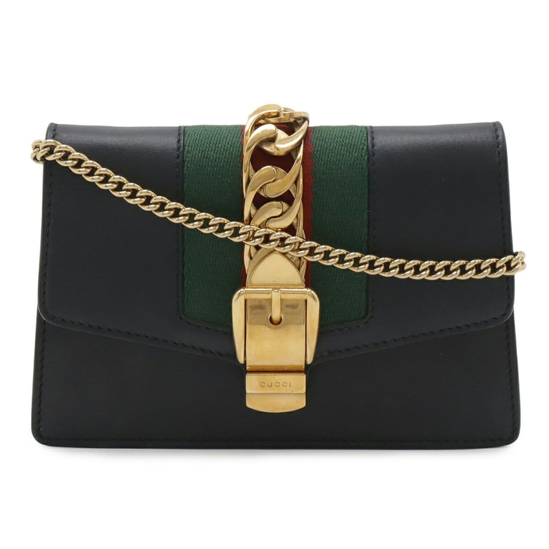 GUCCI Sylvie Web Line Mini Chain Shoulder Bag, Pouch, Clutch Leather, Black, 494646: --- Catalog ---Category: SizeWeight: 370g / 13.05oz.Size (HxWxD): 11cm x 16.5cm x 3.5cm / 4.33'' x 6.49'' x 1.37''Strap Length: 124cm / 48.81''Category: DesignType: Clutch bag, PochetteColor: Black, G