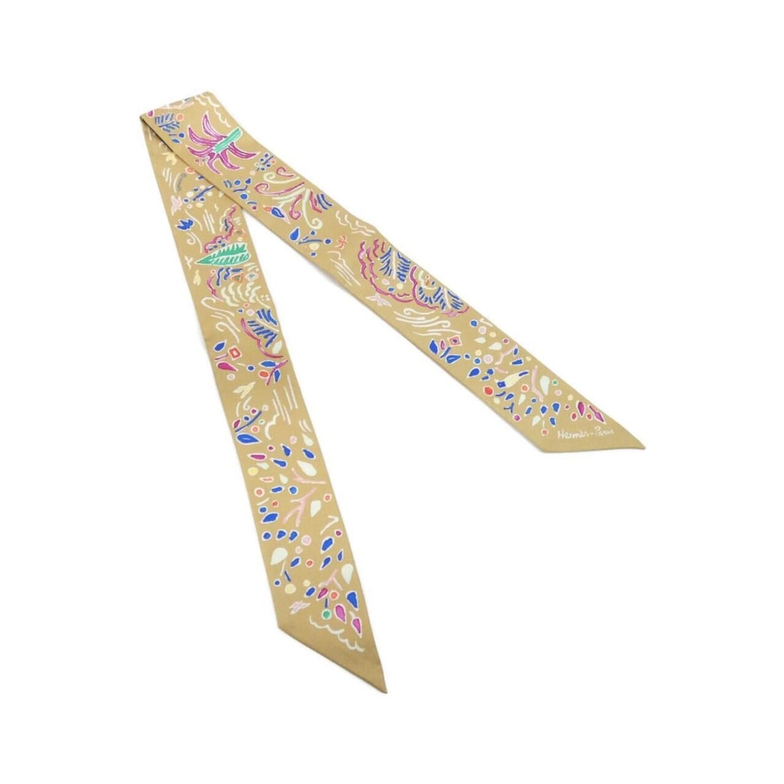 Hermes ISOLA DI PRIMAVERA Twilly 063755S Scarf/Muffler: --- Catalog ---Category: SizeSize (LxW): 5cm x 86cm / 1.96'' x 33.85''Category: DesignType: ScarfColor: Beige, CamelGender: Men,WomenMaterial: Silk Category: GeneralMPN: 063755SBrand: Hermes--- Item