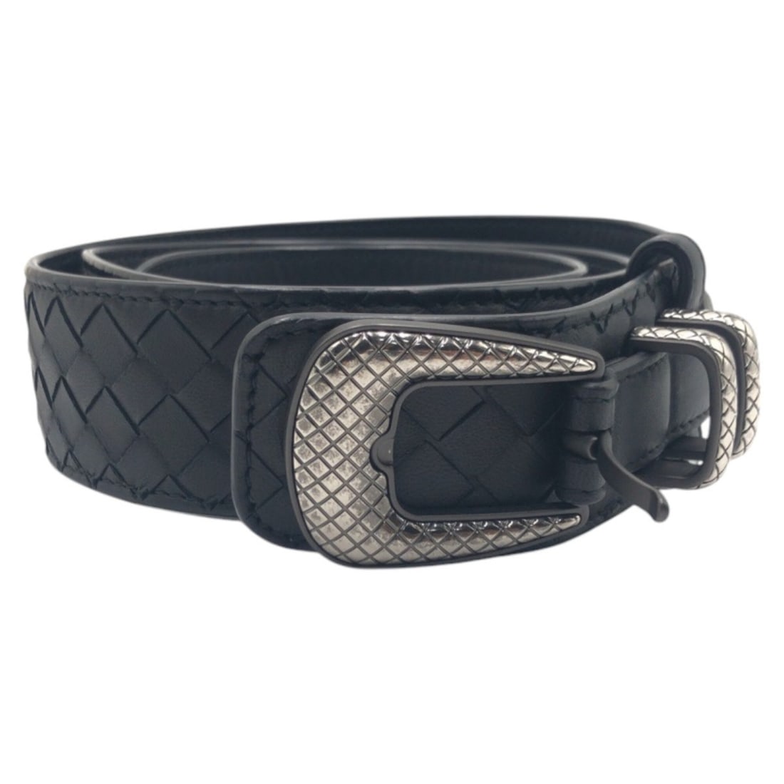 BOTTEGA VENETA Intrecciato 95 38 Black Silver Leather Belt for Men: --- Catalog ---Category: SizeLength: 89cm - 98cm / 35.03'' - 38.58''Category: DesignType: Standard beltColor: Black, SilverGender: MenMaterial (Strap): Leather Category: GeneralBrand: Bottega VenetaCo