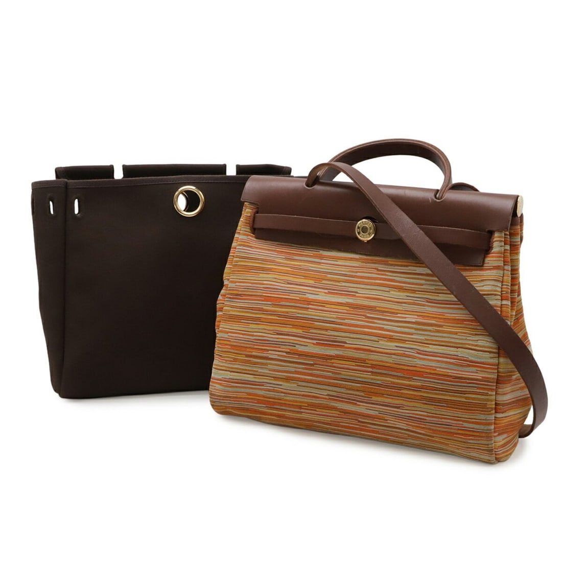 HERMES Herbag PM handbag/shoulder bag, vibrato leather, toile officier, orange/brown, ?F stamp (1 of 12)