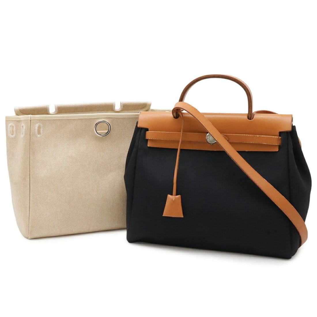 HERMES Herbag PM handbag/shoulder bag, Toile Officier, GM leather, black/beige, ?E stamp (1 of 11)