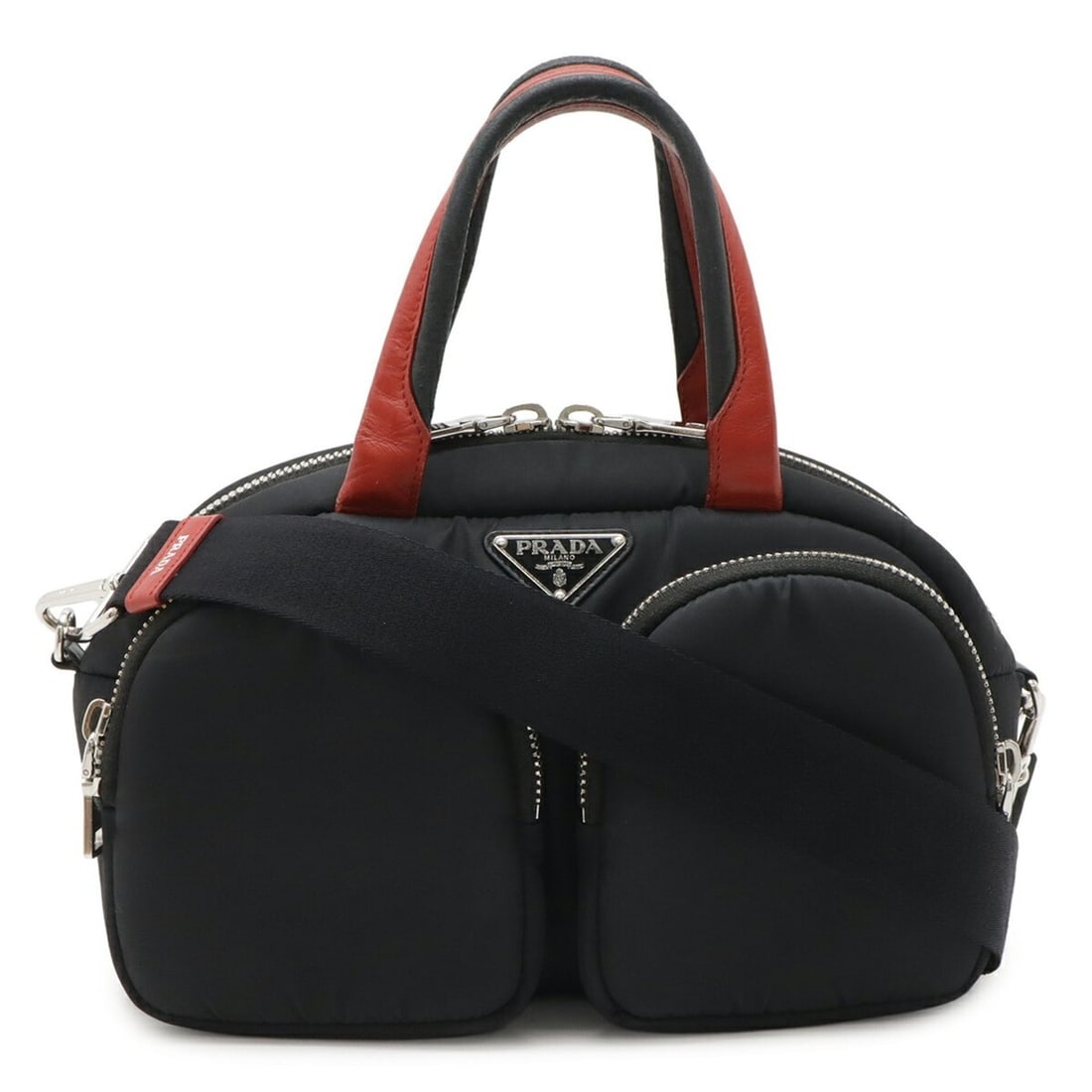 PRADA Triangle Handbag Mini Boston Shoulder Bag Nylon NERO Black Red Purchased at a domestic (1 of 12)