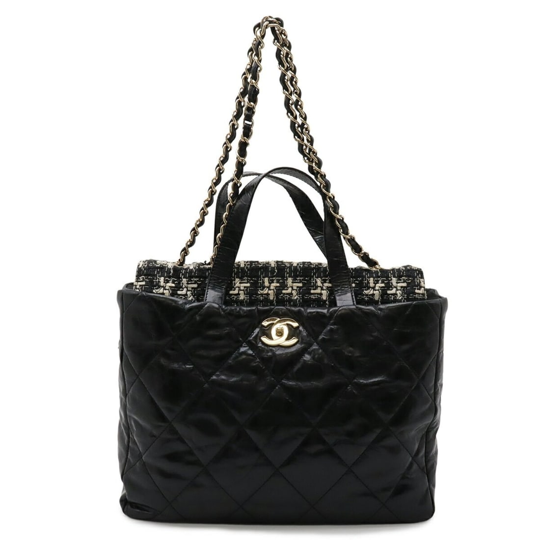 CHANEL Coco Mark Portobello Matelassé Tote Bag Shoulder Chain Leather Tweed Black A39045 (1 of 10)