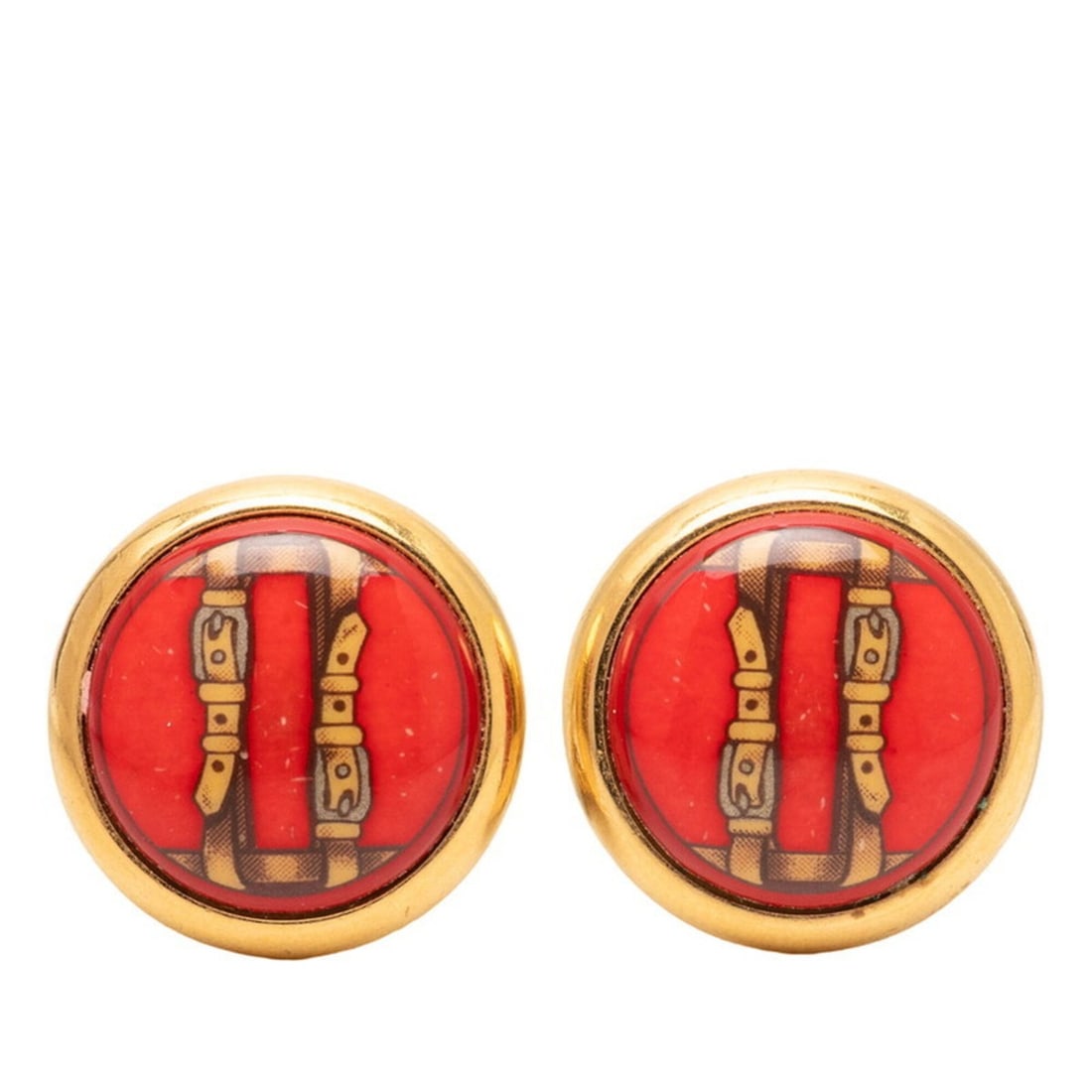 Hermes Vintage Enamel Belt Motif Round Earrings, Gold and Red Plated, Cloisonné Enamel, Women's. (1 of 12)