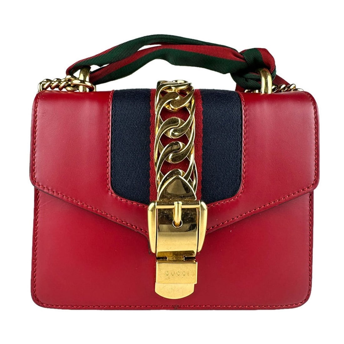 Gucci Sylvie Shoulder Bag, Leather, Red/Navy, Women's, 431666, Free Shipping, z9146 (1 of 14)