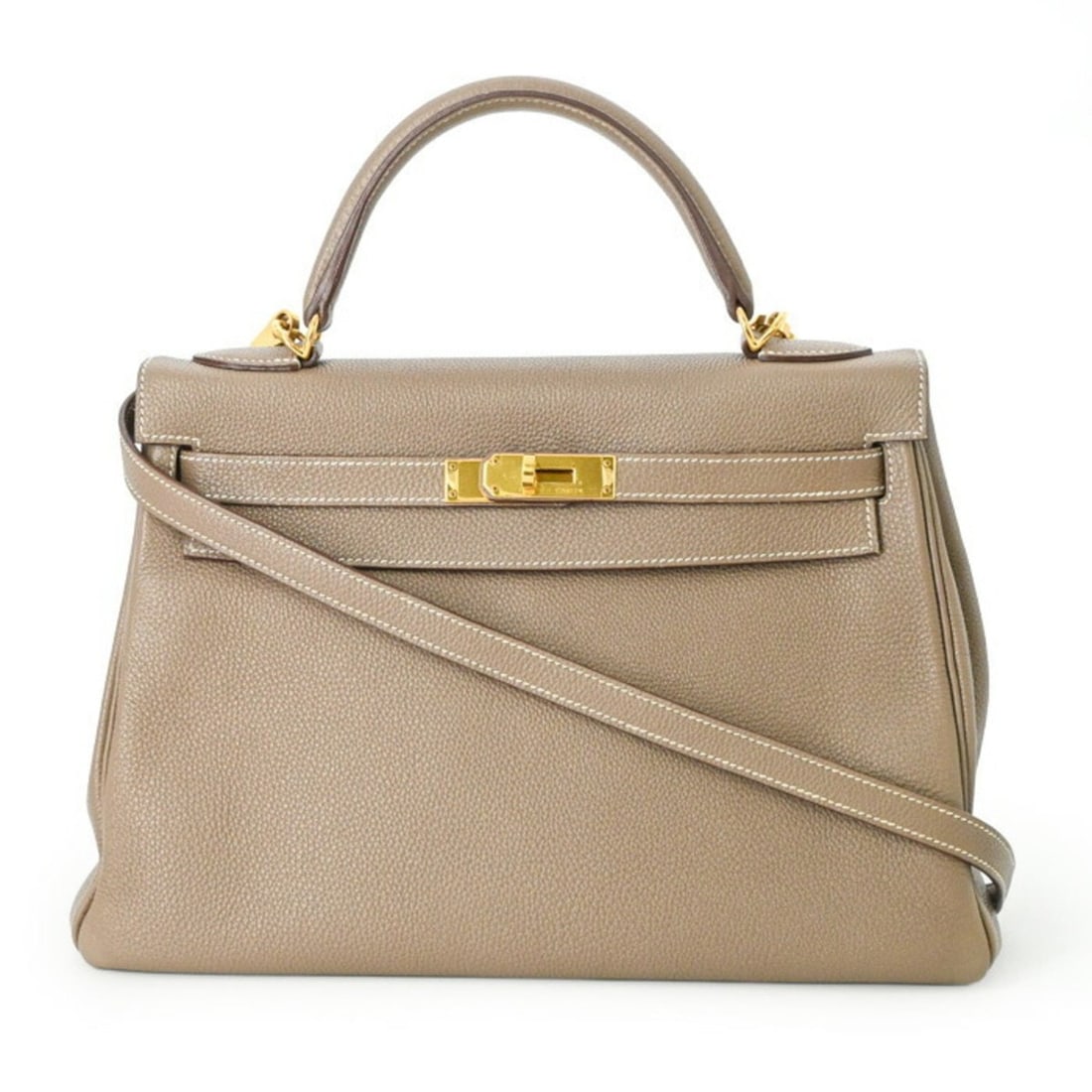 HERMES Kelly 32 Handbag Shoulder Bag, Inside Stitching, Taurillon Clemence Leather, Etoupe Beige (1 of 18)