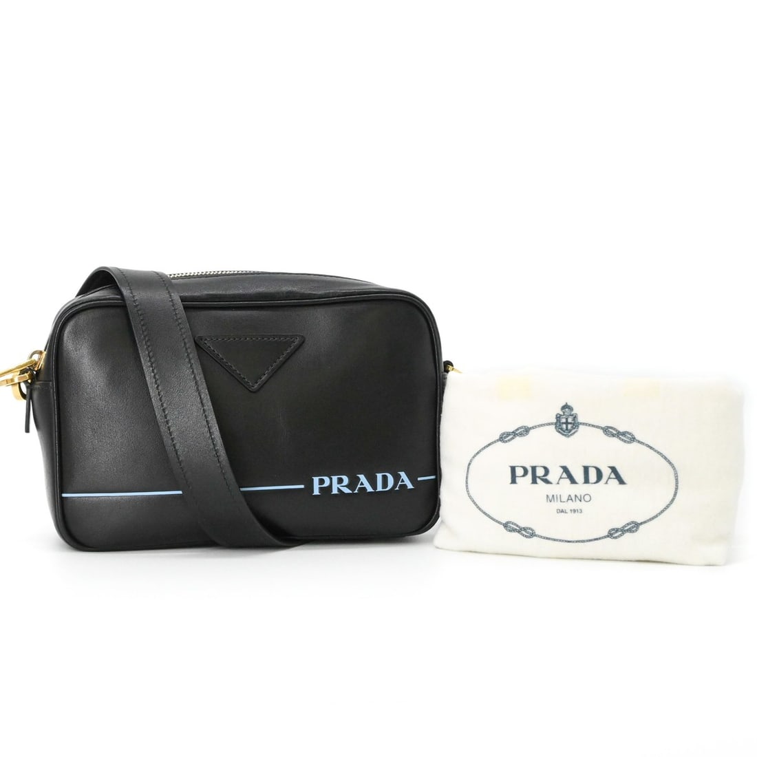 PRADA Triangle Shoulder Bag, Leather, Black, Blue, Gold Hardware (1 of 18)