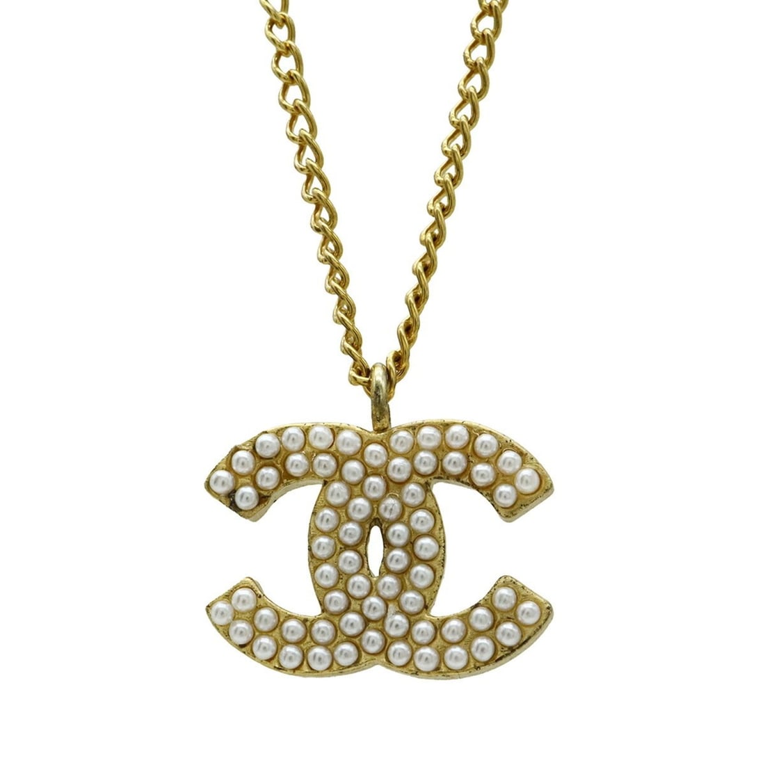 CHANEL Coco Mark Necklace Pendant Chain with Faux Pearl GP Gold 01A (1 of 14)