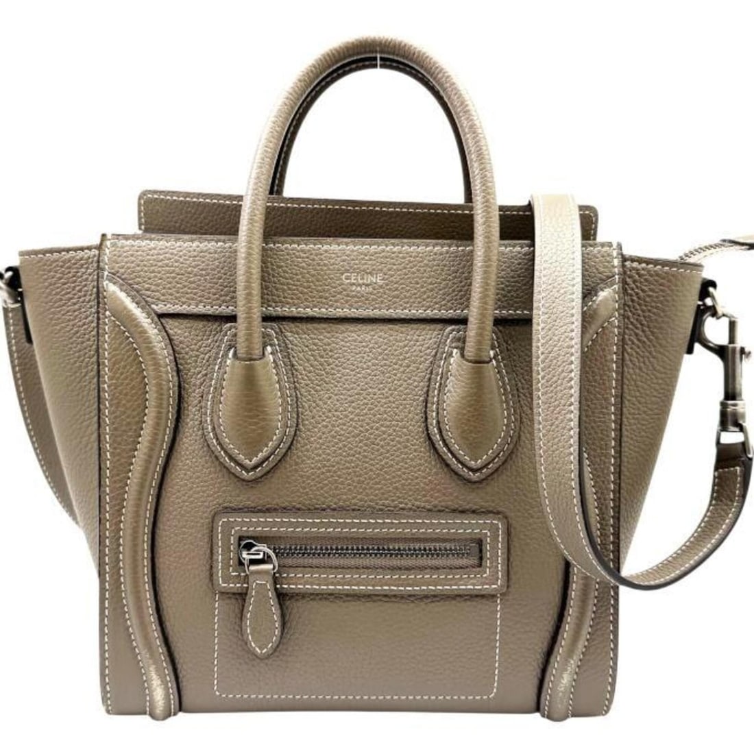 CELINE Luggage Nano Shopper Leather Greige Handbag Shoulder Bag for Women: --- Catalog ---Category: SizeSize (HxWxD): 20cm x 20cm x 8cm / 7.87'' x 7.87'' x 3.14''Strap Length: 120cm / 47.24''Handle Length: 20cm / 7.87''Category: DesignType: Handbag, Shoulder bagColor: