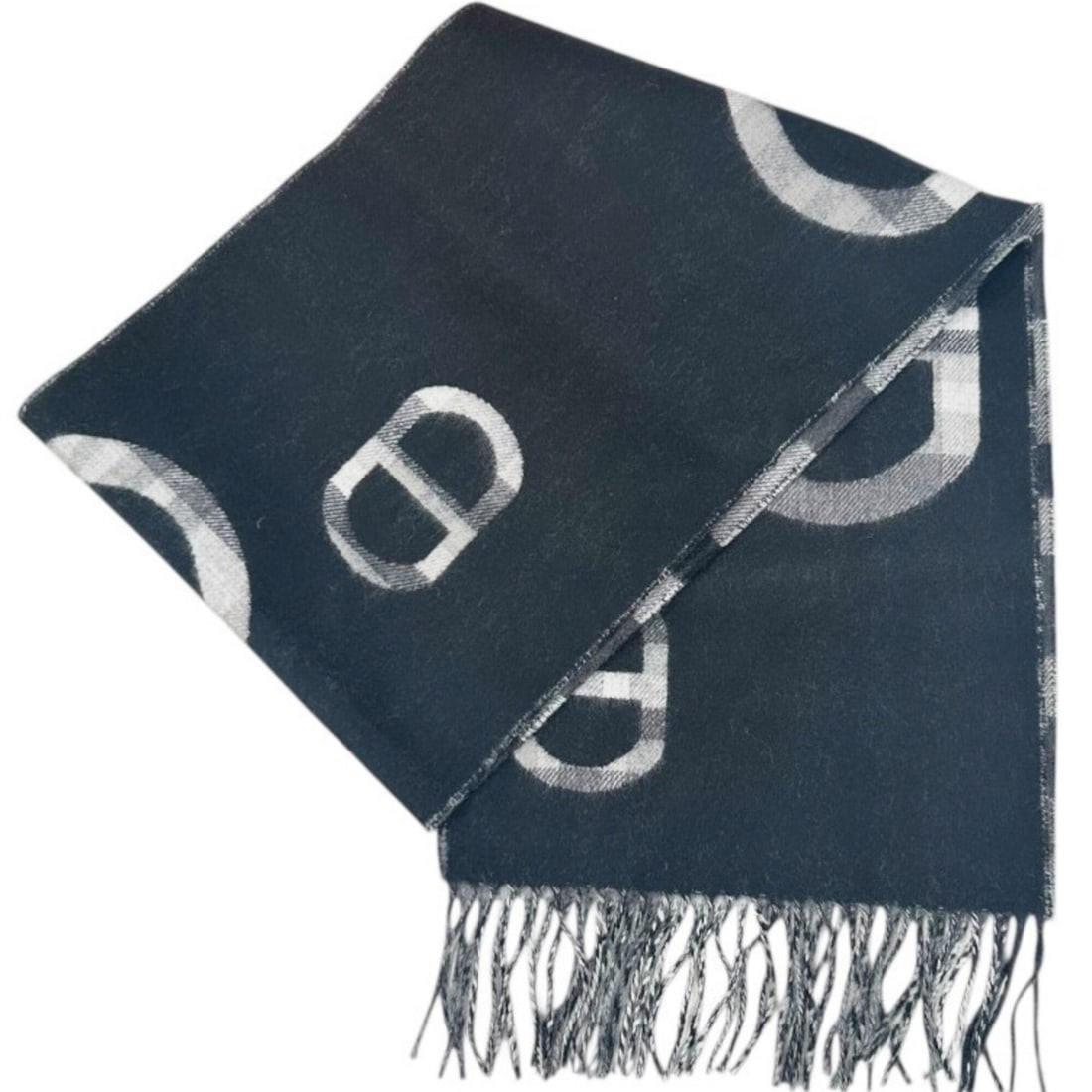 HERMES scarf/stole, tartan, maillon pattern, cashmere, check gray/black, for women and men. (1 of 15)