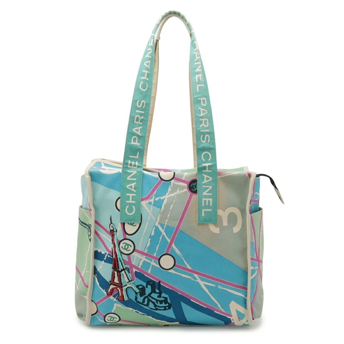 CHANEL Paris Map Cruise Line Eiffel Tower Tote Bag Shoulder Canvas Sequin Blue Multicolor: --- Catalog ---Category: SizeSize (HxWxD): 30cm x 32.5cm x 15cm / 11.81'' x 12.79'' x 5.9''Category: DesignType: Shoulder bag, Tote bagColor: Blue, Blue green, Multi-colorGender: WomenMaterial: Canvas