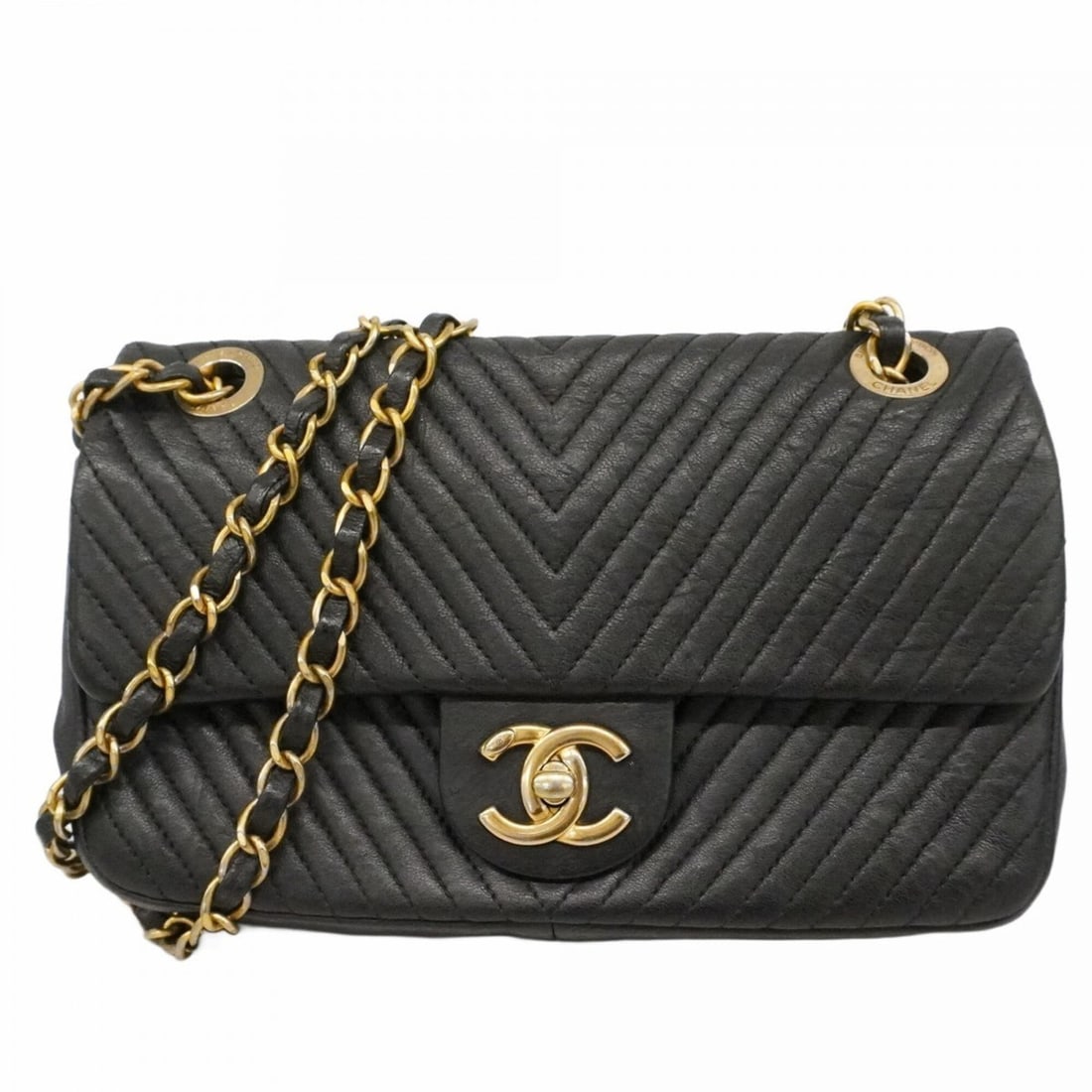 Chanel Shoulder Bag, V-Stitch, Double Chain, Leather, Black, Women's, P2650592 (1 of 10)