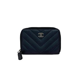 CHANEL Coco Mark Chevron Caviar Leather Wallet/Coin Purse, Black pj7-3