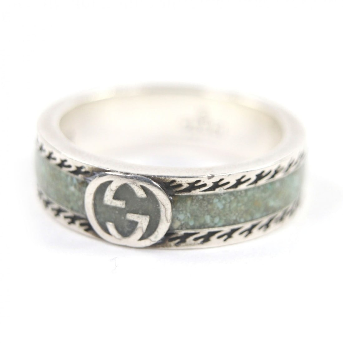 GUCCI 645573 AG925 Enamel Interlocking G Ring, Silver Green, Size 18, Made in Italy, Weight 6.1g, (1 of 9)