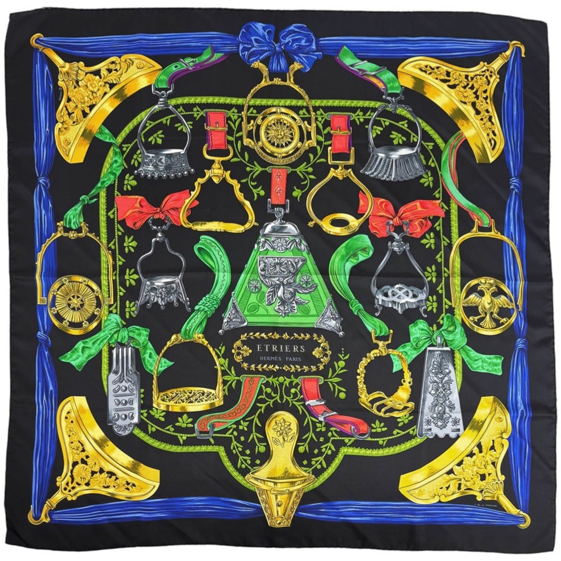 Hermes Carre 90 Etriers Scarf/Muffler with Armor and Equestrian Pattern, Silk, Black, Multicolor, (1 of 3)