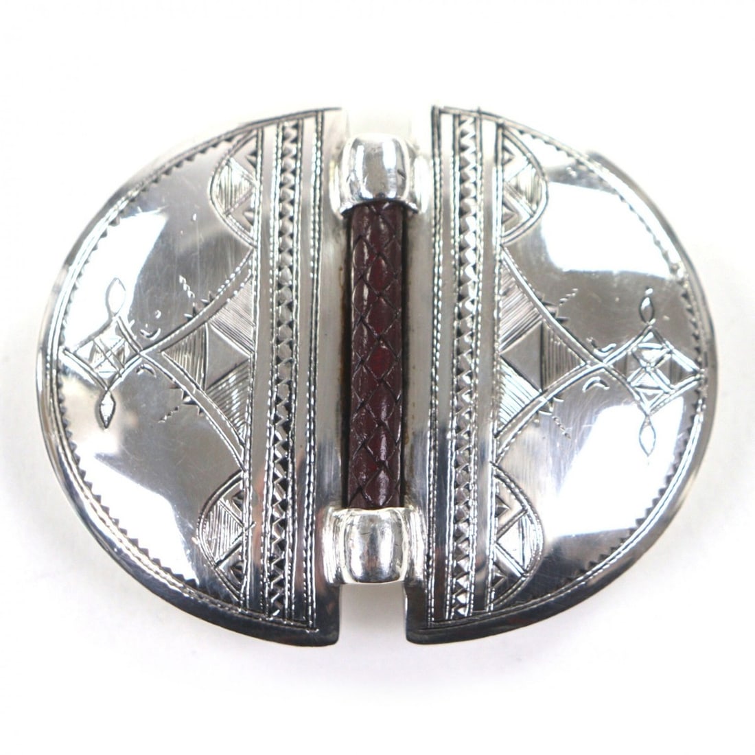 HERMES 925 Leather Touareg Hand-Engraved Design Hairline Oval Belt Buckle Silver Weight 83.7g Men's (1 of 8)