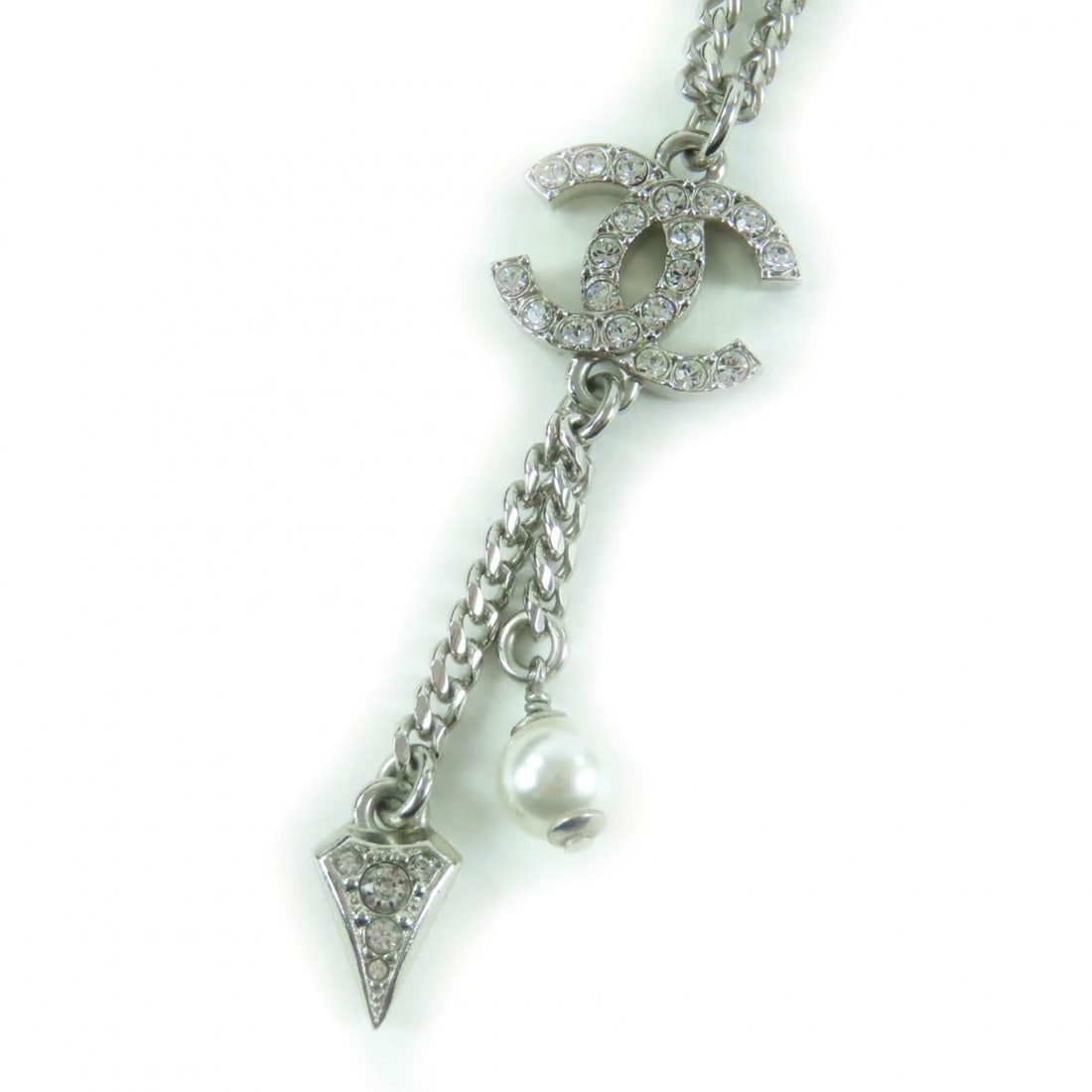 CHANEL F25C Coco Mark Rhinestone Faux Pearl Necklace Pendant, Silver, Made in France, Women's (1 of 7)