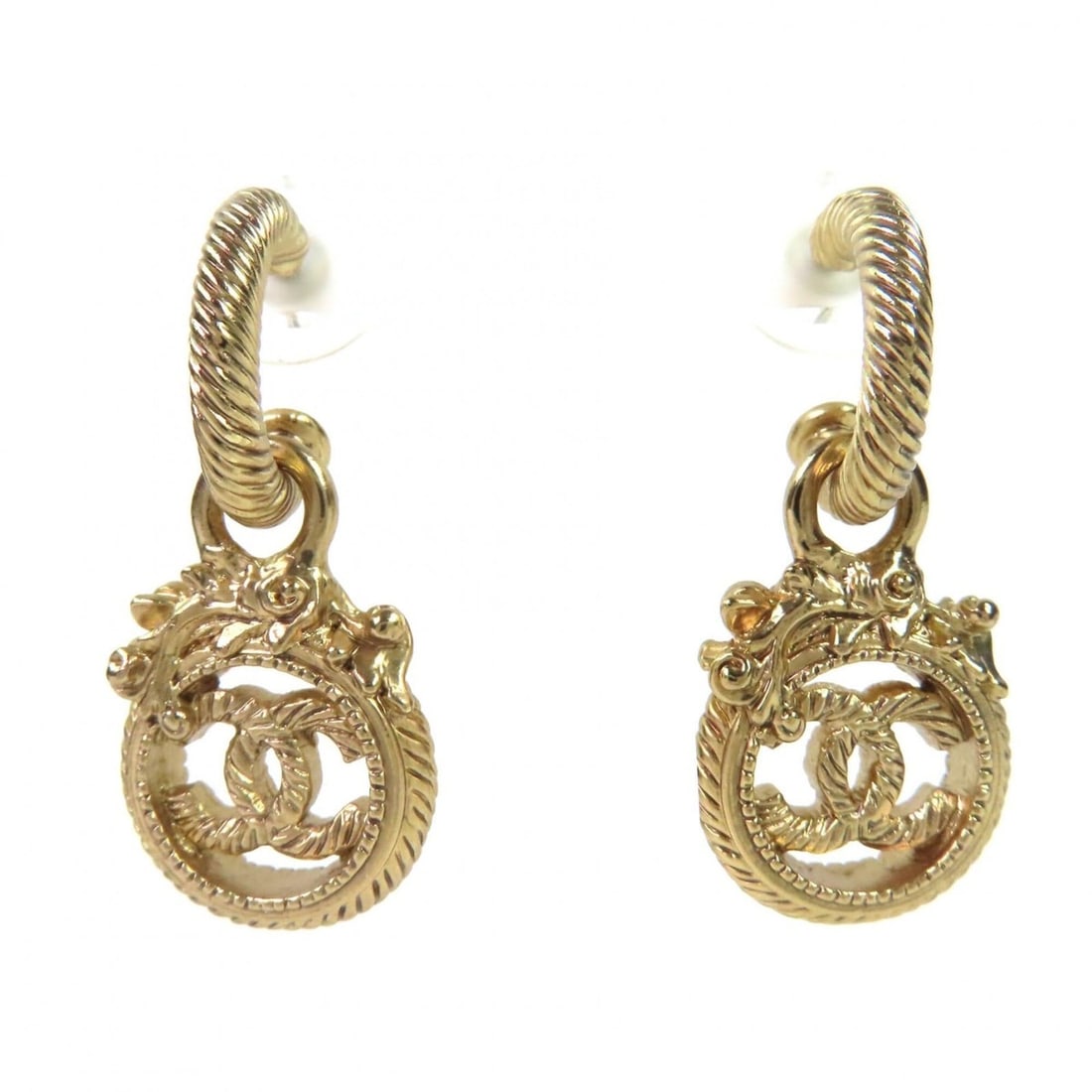 CHANEL Vintage 05A Coco Mark Rope Twist Swing Earrings, Gold, Made in France, Women's. (Pair) (1 of 6)
