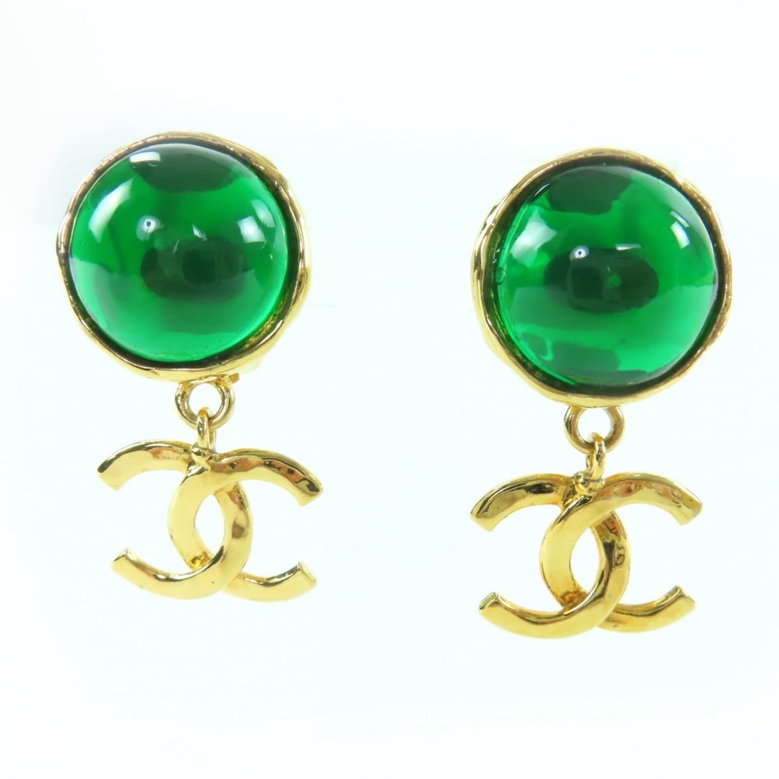 CHANEL Vintage 95A Gripoix Coco Mark Swing Stone Earrings, Gold and Green, Made in France, Women's. (1 of 6)