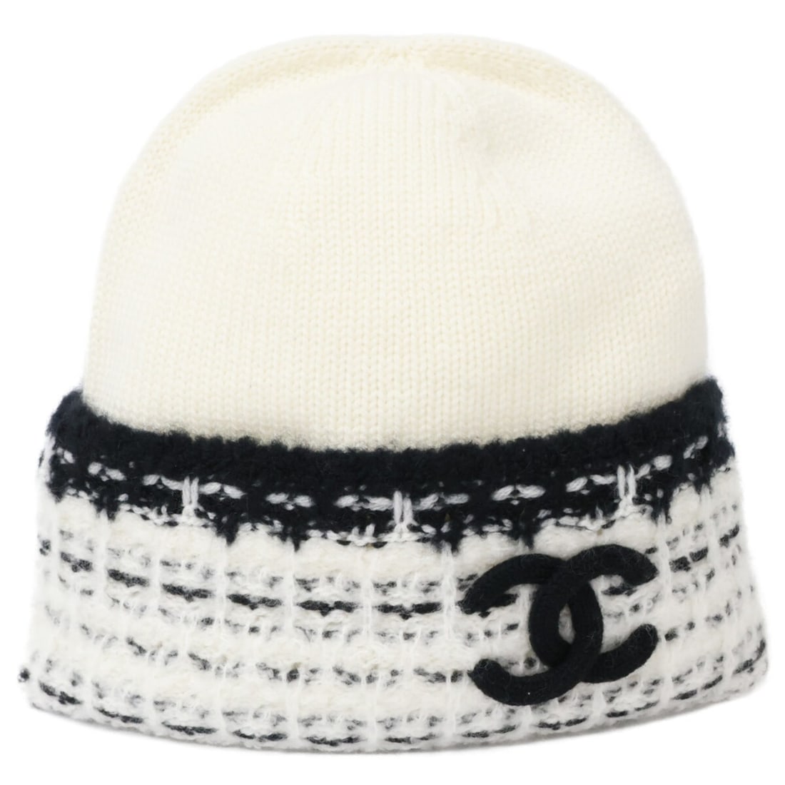 CHANEL Cashmere Silk Blend Wool Coco Mark Knit Cap Beanie Hat White Black Women's (1 of 9)