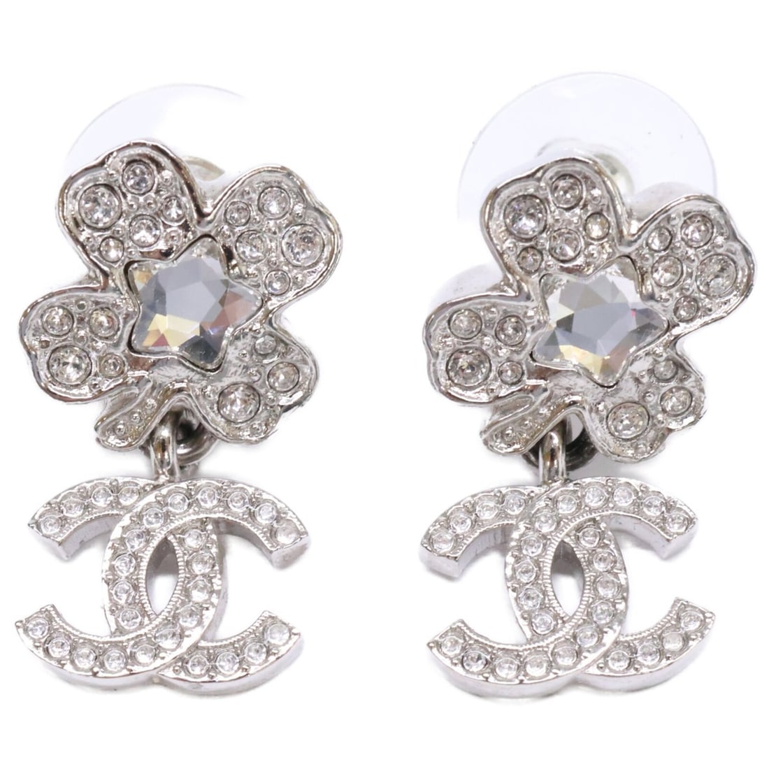 CHANEL B25V ABF239 Coco Mark Clover Motif Earrings, Silver, Women's (1 of 8)