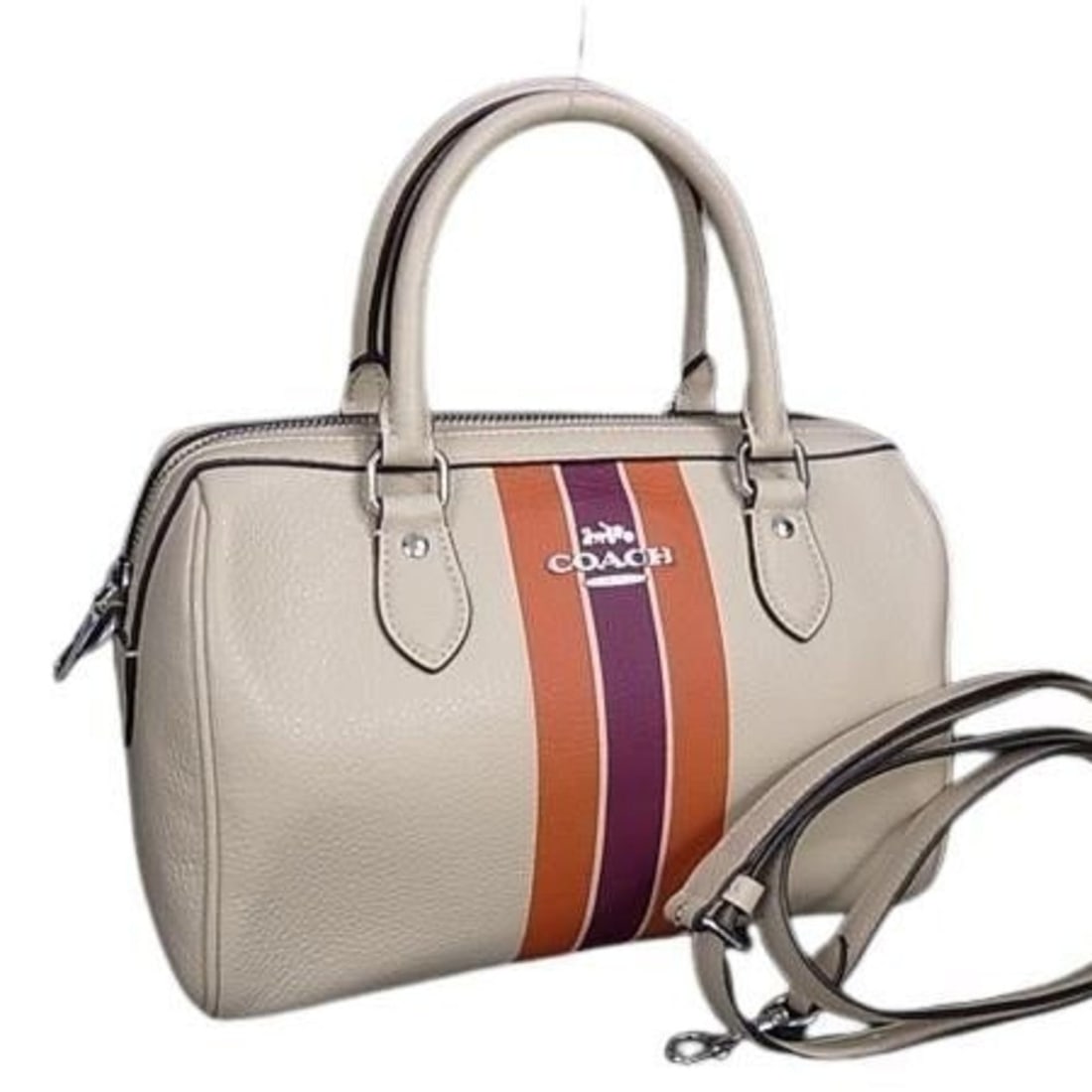COACH Roan Satchel Handbag, Striped, CAO70, Ivory, Orange, Purple Leather, Women's (1 of 9)
