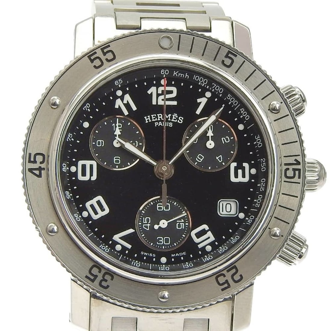 Hermes Clipper watch CL2.910, stainless steel, quartz, chronograph, black dial, men's.: --- Catalog ---Category: SizeWrist Size: 17.5cm / 6.88''Case Diameter: 40mm / 1.57''Category: DesignType: WristwatchGender: MenColor (Dial): BlackMaterial (Band): Stainless steelMaterial (Case): Stain