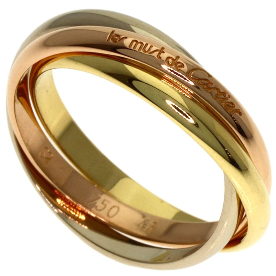 Cartier Trinity XS #46 Ring, 18K Yellow Gold/18K White Pink Gold, Women's, CARTIER: --- Catalog ---Category: SizeWidth: 1.8mm / 0.07''Weight: 3.3g / 0.11oz.JP Size: 6US Size: 3.5Category: DesignType: Band ringGender: WomenMaterial: Pink gold (18K), White gold (18K), Yellow gold (18K)