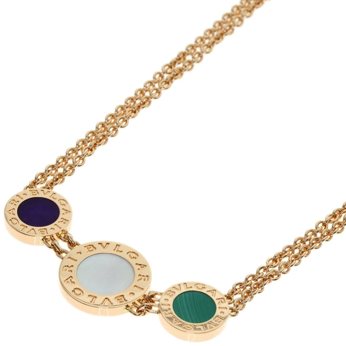 BVLGARI Malachite Sugilite Shell Necklace 18K Pink Gold Women's: --- Catalog ---Category: SizePendant Size: 12.9mm x 40.3mm / 0.5'' x 1.58''Neck Circumference: 44 cm / 17.32''Category: DesignStone: Malachite, Shell, SugiliteGender: WomenMaterial: Pink gold (18K)Nec