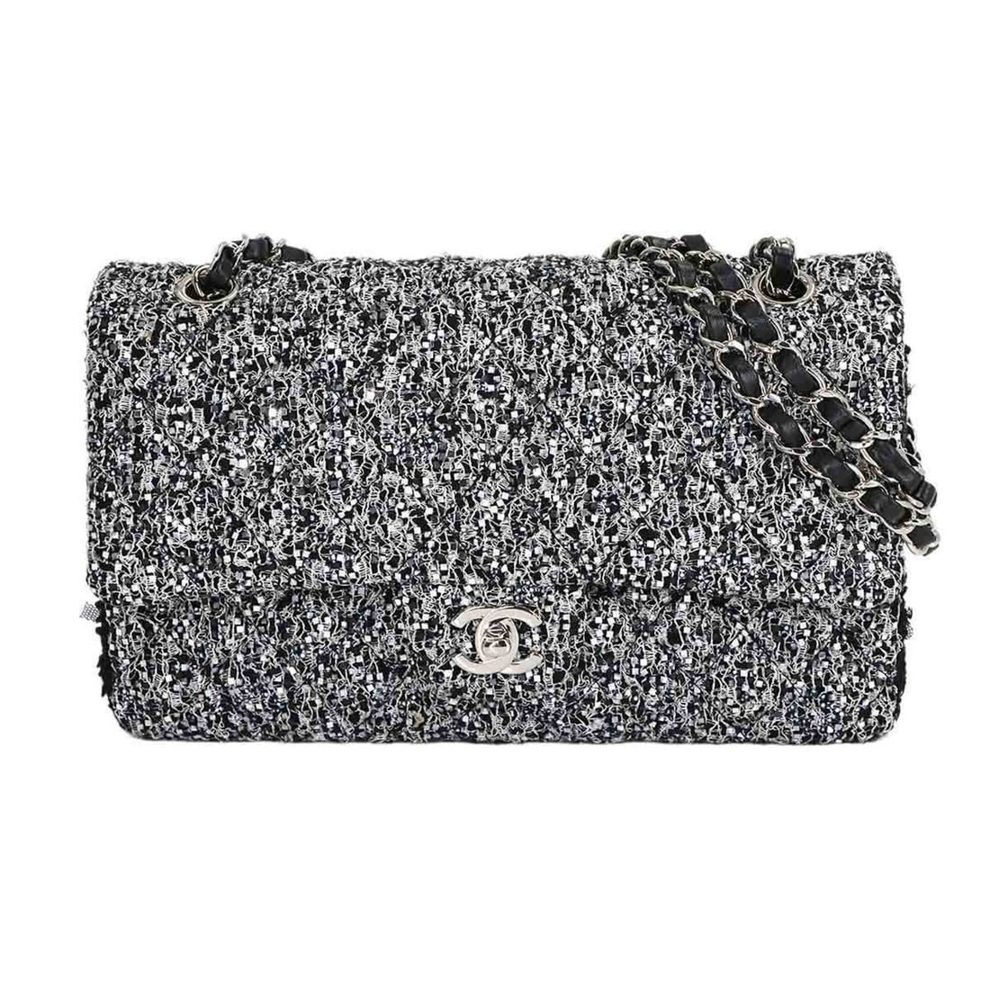 Chanel Matelasse Chain Shoulder Handbag, Tweed, Sequins, Black/Gray, A01112, Silver Hardware, 25 Bag: --- Catalog ---Category: SizeSize (HxWxD): 15cm x 25.5cm x 7cm / 5.9'' x 10.03'' x 2.75''Category: DesignType: Handbag, Shoulder bagColor: Black, GrayGender: WomenMaterial: Tweed , Spangles Category: