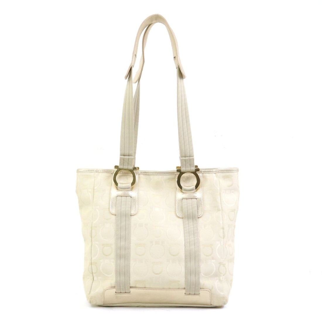 Salvatore Ferragamo shoulder bag, Gancini design, canvas and leather, light beige gold, women's,: --- Catalog ---Category: SizeSize (HxWxD): 25.5cm x 24cm x 11cm / 10.03'' x 9.44'' x 4.33''Category: DesignType: Shoulder bagColor: Light beigeGender: WomenMaterial: Canvas , Leather Category: General