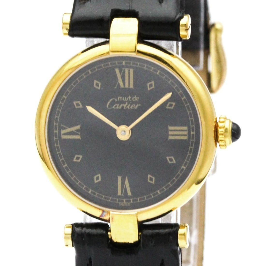CARTIER Must Vendome Vermeil Gold Plated Quartz Ladies Watch 590004: --- Catalog ---Category: SizeCase Diameter: 24mm / 0.94''Category: DesignType: WristwatchStyle: Dress/FormalGender: WomenColor (Dial): BlackMaterial (Band): LeatherMaterial (Case): Gold platedCategory
