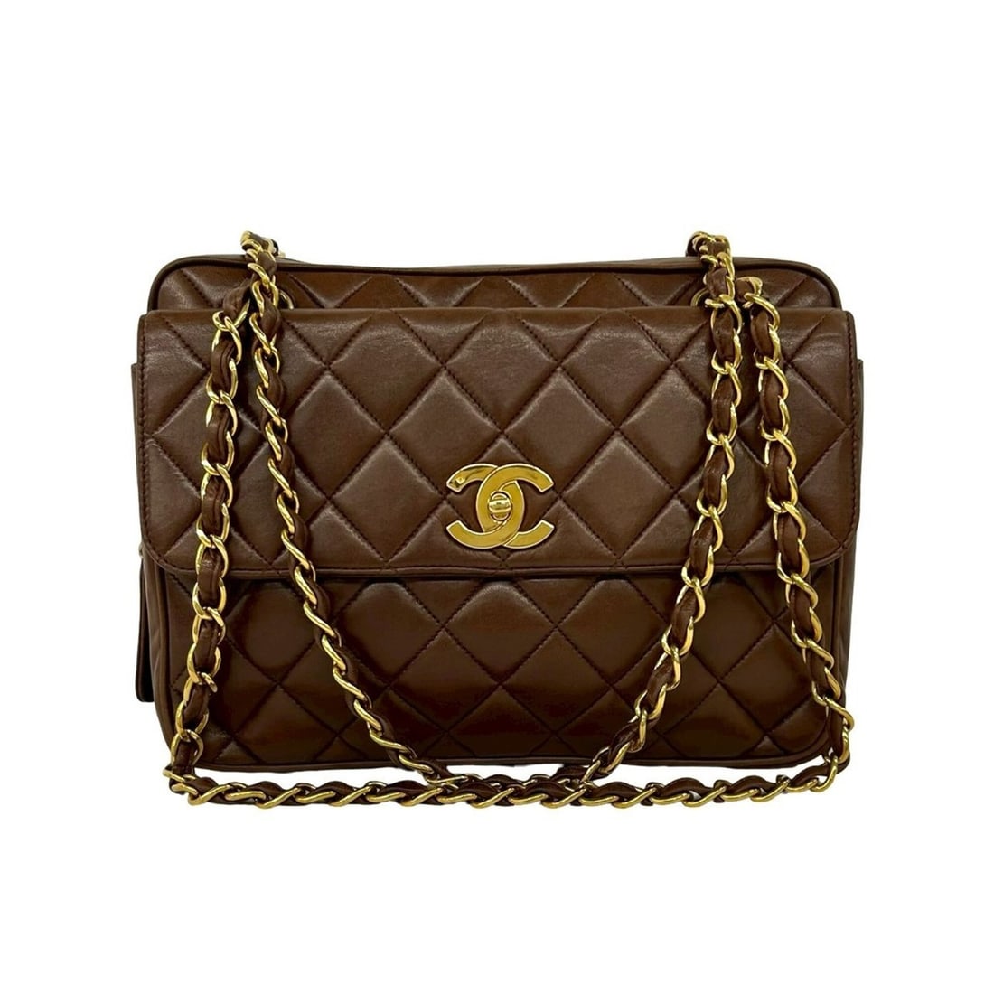 CHANEL Matelassé Coco Mark Lambskin Shoulder Bag Tote Brown 196-1 (1 of 10)