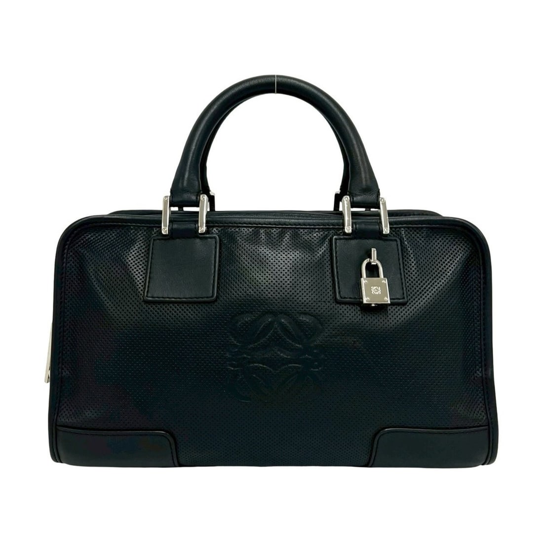 LOEWE Amazona 28 Anagram Logo Engraved Perforated Leather Handbag Mini Boston Bag Black 25216 (1 of 10)